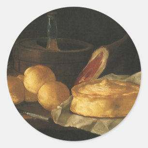 Sticker Rond Nature morte baroque vintage avec pain, tarte, jam