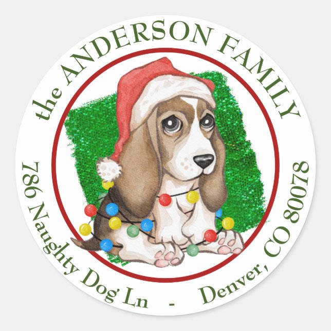 Sticker Rond Naughty Beagle Pup Holiday Adresse de retour (Devant)