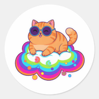 Sticker Rond naughty Orange Cat Blep on Rainbow Cloud