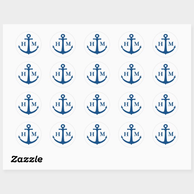 Sticker Rond Nautical Anchor Monogram Beach Wedding (Feuille)