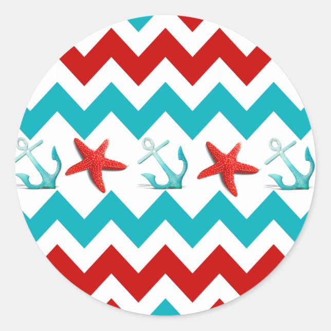 Sticker Rond Nautical Beach Rouge Turquoise Chevron Ancres Star (Devant)