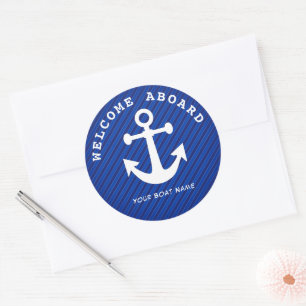 Sticker Rond Nautical Navy Blue Welcome Aboard Nom du bateau An