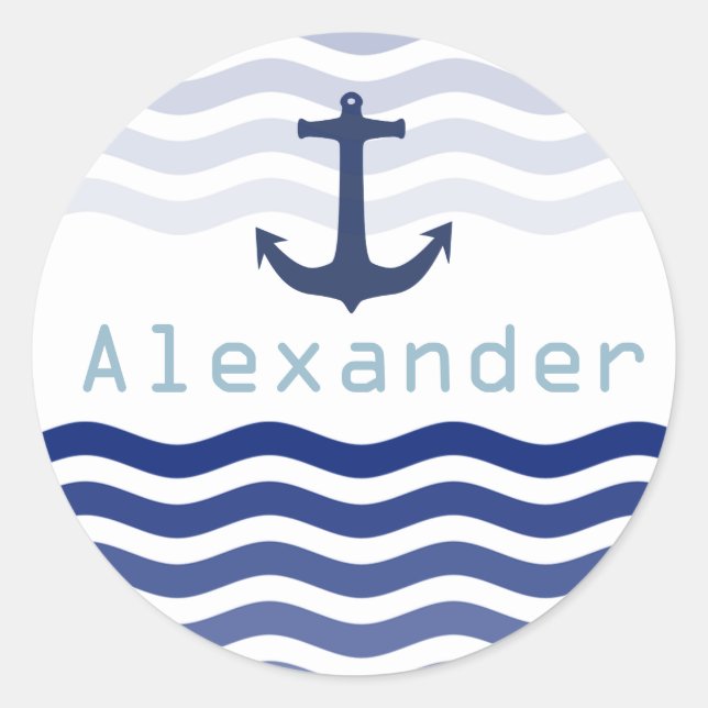 Sticker Rond Nautical Navy Waves and Ancre Nom personnalisé (Devant)