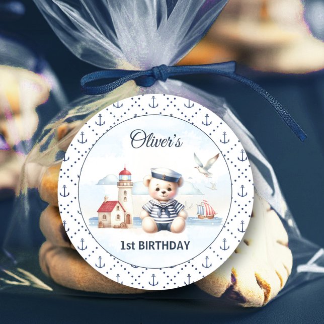 Sticker Rond Nautical Sailor Bear 1er anniversaire Ancre (Nautical Sailor Bear 1st Birthday Anchor Classic Round Sticker)