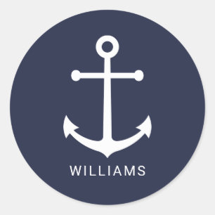 Sticker Rond Nautical White Anchor and Custom Nom on Navy Blue