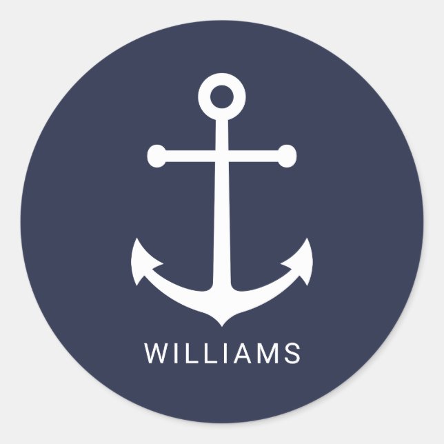 Sticker Rond Nautical White Anchor and Custom Nom on Navy Blue (Devant)