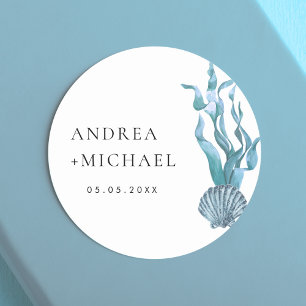 Sticker Rond Nautique Bleu Coquillage Côtier Mariage Personnali