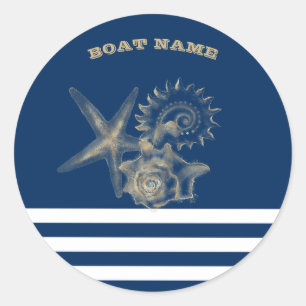 Sticker Rond Nautique, Coquillages dorés Rayures bleu marine