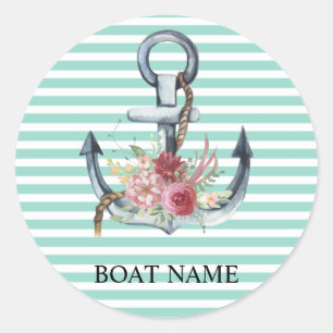 Sticker Rond Nautique, Fleurs d'ancre Rayures Vert Menthe