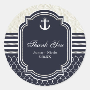 Sticker Rond Nautique Marine & White Elegant Beach Mariage