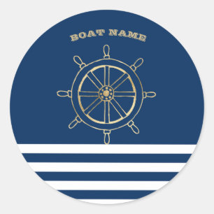 Sticker Rond Nautique, Roue de bateau dorée, Rayures bleu marin