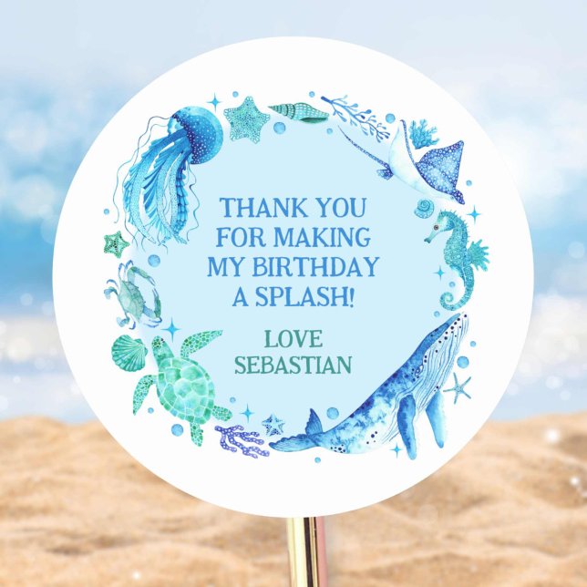 Sticker Rond Nautique sous la mer Aquarelle baleine Merci (Nautical Under the Sea Watercolor Whale Thank You Classic Round Sticker)
