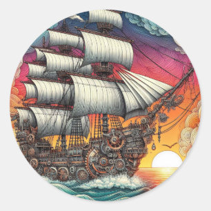 STICKER ROND NAVIRE À VOILES STEAMPUNK COUCHER DE SOLEIL