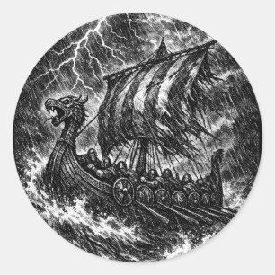Sticker Rond Navire long Viking dans la tempête — Ink Saga Art