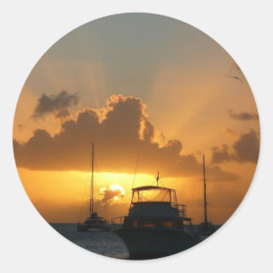 Sticker Rond Navires et Sunset Tropical Seascape