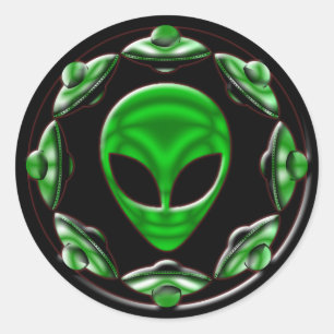 STICKER ROND NAVIRES SPATIAUX ET TÊTE ALIEN