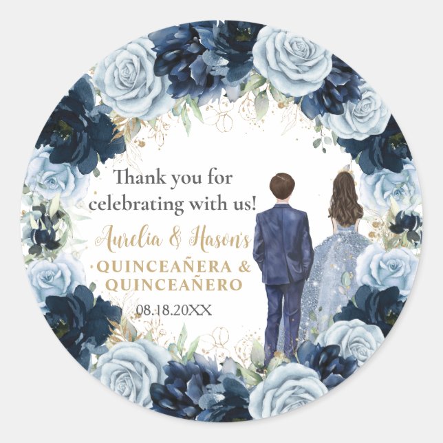 Sticker Rond Navy Baby Blue Floral Twins Boy Girl Quinceanera (Devant)