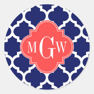 Sticker Rond Navy Blanc Marocain #5 Corail Rouge 3 Initiale Mon