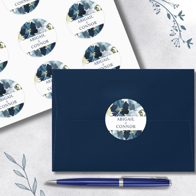 Sticker Rond Navy & Bleu Poussiéreux Élégant Floral Aquarelle (Créateur téléchargé)