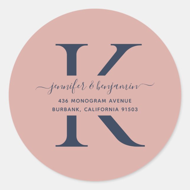 Sticker Rond Navy Blue and Blush Script Monogramme Adresse de r (Devant)