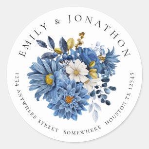Sticker Rond Navy Blue Gold Florals Nom de retour Adresse