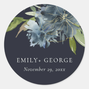 Sticker Rond NAVY BLUE GREEN GOLD FLORAL WATpERCOLOR WEDDING