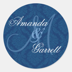 Sticker Rond NAVY BLUE Mariage damassé Personnalisé Monogramme 