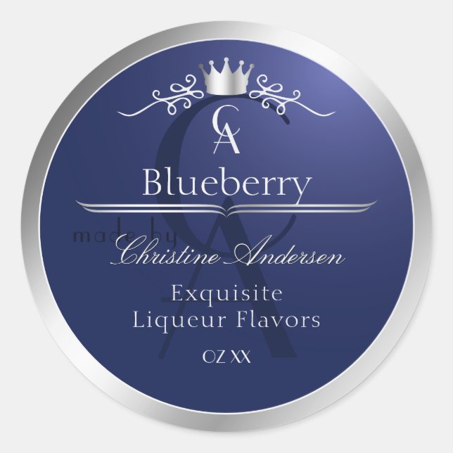 Sticker Rond Navy Blue Product Label with Silver Frame Monogram (Devant)