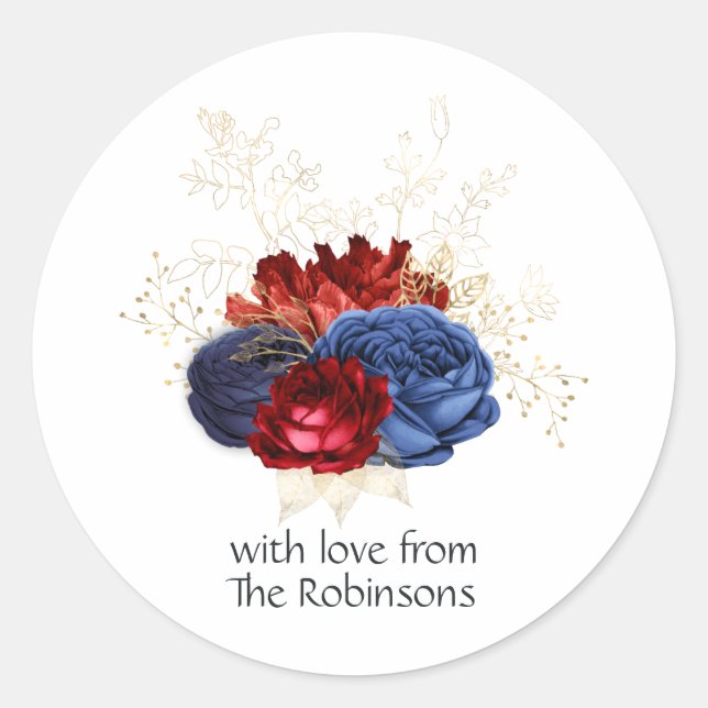 Sticker Rond Navy, Rouge et Fleurs Dorées (Devant)