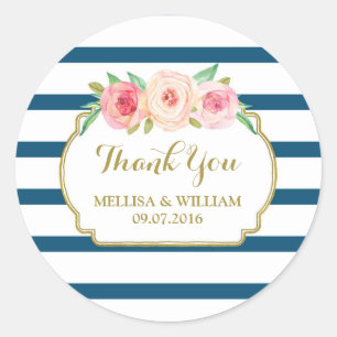 Sticker Rond Navy Stripes Gold Rose Floral Wedding Favor Tags
