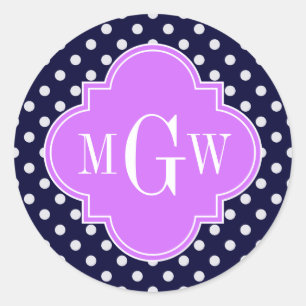 Sticker Rond Navy White Polka Dots Lilac Quatrefoil 3 monogram