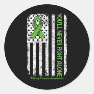Sticker Rond Ne combattez jamais seul drapeau Green Kidney Dise