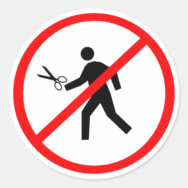 Sticker Rond Ne courez pas avec des ciseaux ! (Devant)