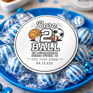 Sticker Rond Né Thème de 2 sports de balle Fête d'anniversaire 