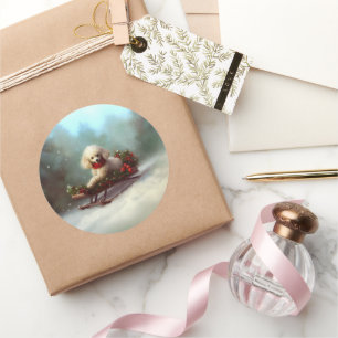 Sticker Rond Neige de Noël caniche hiver