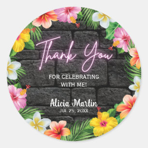 Sticker Rond Neon Forêt Tropicale Été Hawaii fête d'anniversair