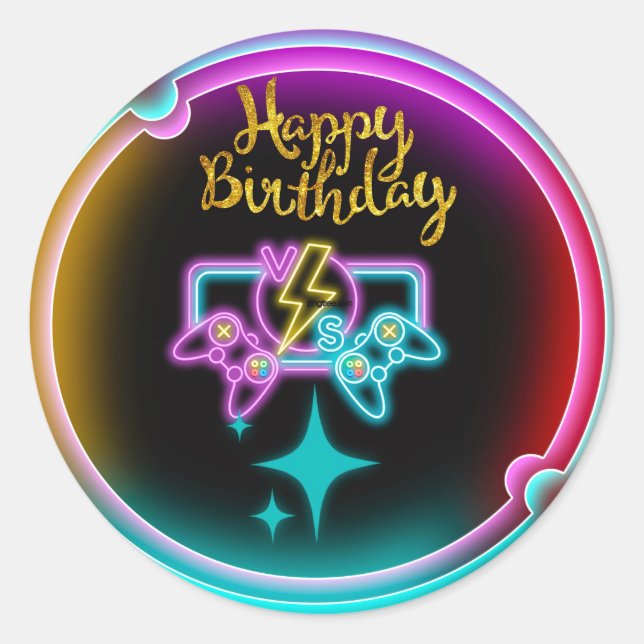 Sticker Rond Neon Gaming fête d'anniversaire (Devant)