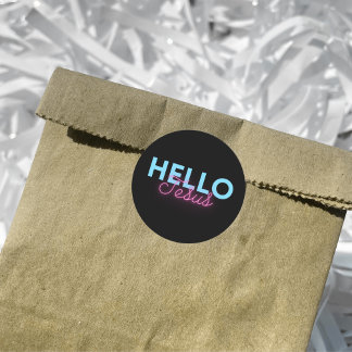 Sticker Rond Neon rose noir rétro Hello Jesus Christian Coffee