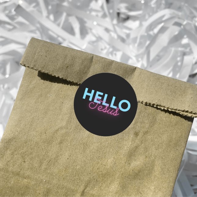Sticker Rond Neon rose noir rétro Hello Jesus Christian Coffee (Créateur téléchargé)