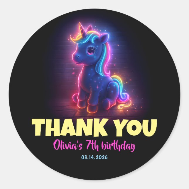 Sticker Rond Neon Unicorn Anniversaire Merci (Devant)