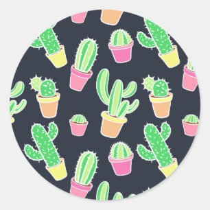 Sticker Rond Neon Watercolor Cacti in Pot Pattern