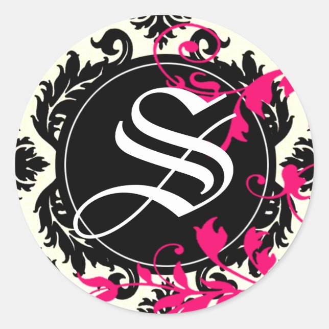 Sticker Rond Neopolitan Damask Monogramme "S" noir/blanc/fuschi (Devant)