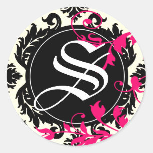Sticker Rond Neopolitan Damask Monogramme "S" noir/blanc/fuschi