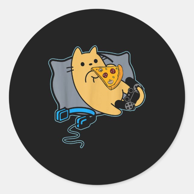 Sticker Rond Nerdy Zza Eating Gamer Cat Game Paused  (Devant)