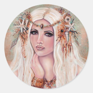 Sticker Rond Nereides nymphe mermaid art par Renee Lavoie