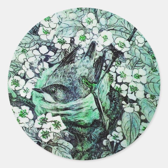 STICKER ROND NEST D'OISEAU, ARBRE AUX FLEURS DE PRINTEMPS VERT  (Devant)