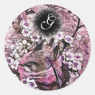 STICKER ROND NEST OISEAU, ARBRE AVEC FLEURS ROSES BLANCHES MONO