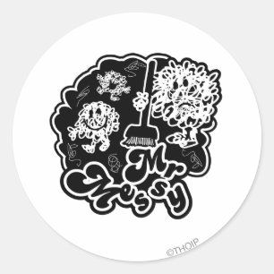 Sticker Rond Nettoyage M. Messy en noir et blanc