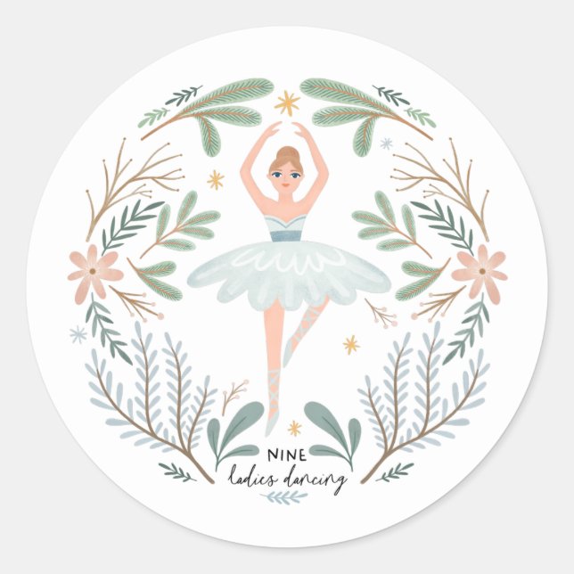 Sticker Rond Neuf Dames Danser 12 Jours de Noël Mignonne Folk (Devant)