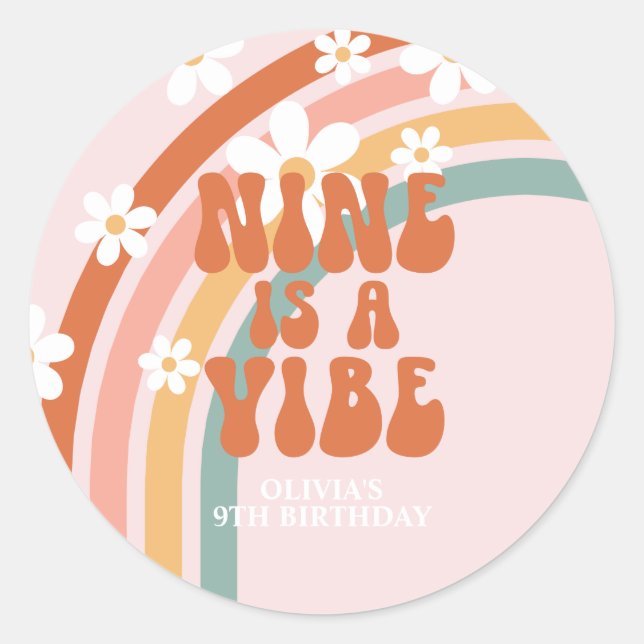Sticker Rond Neuf est Vibe Retro arc-en-ciel 9e anniversaire (Devant)